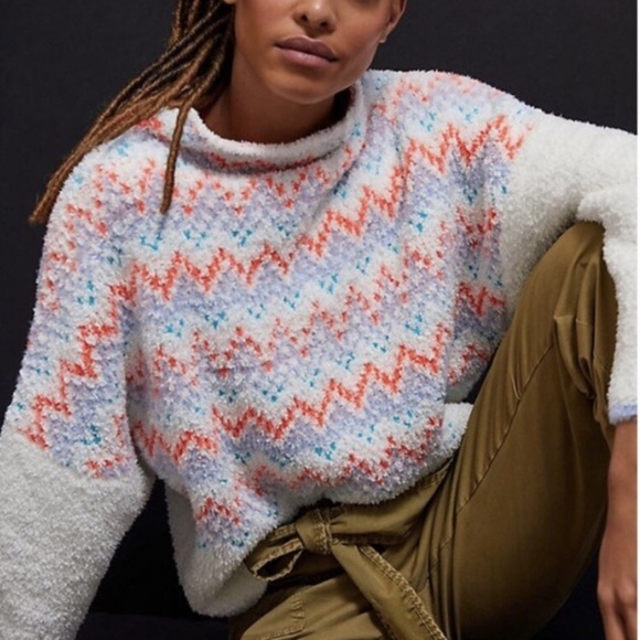 Anthropologie Pilcro Fairisle Mockneck Fuzzy Pullover Oversized Sweater XS - Picture 1 of 4